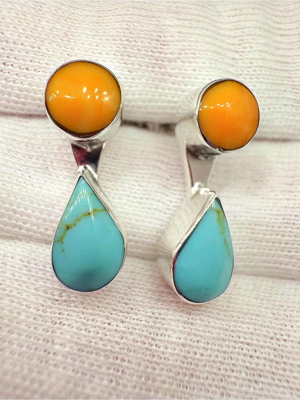 Native American Sterling Silver Teardrop Turquoise & Orange Coral Drop Earrings - Picture 4 of 12